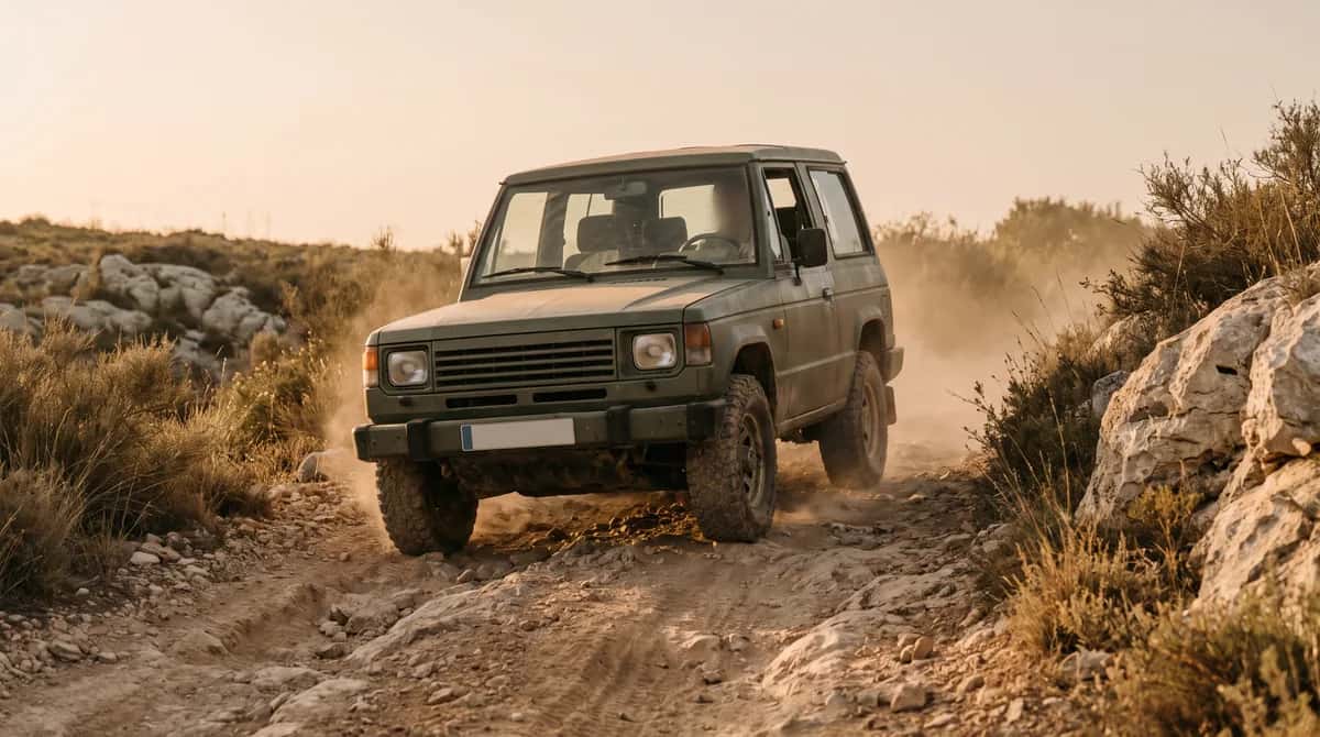 A generic off-roader on a dirt track in the Málaga interior, with chunky tyres and raised suspension