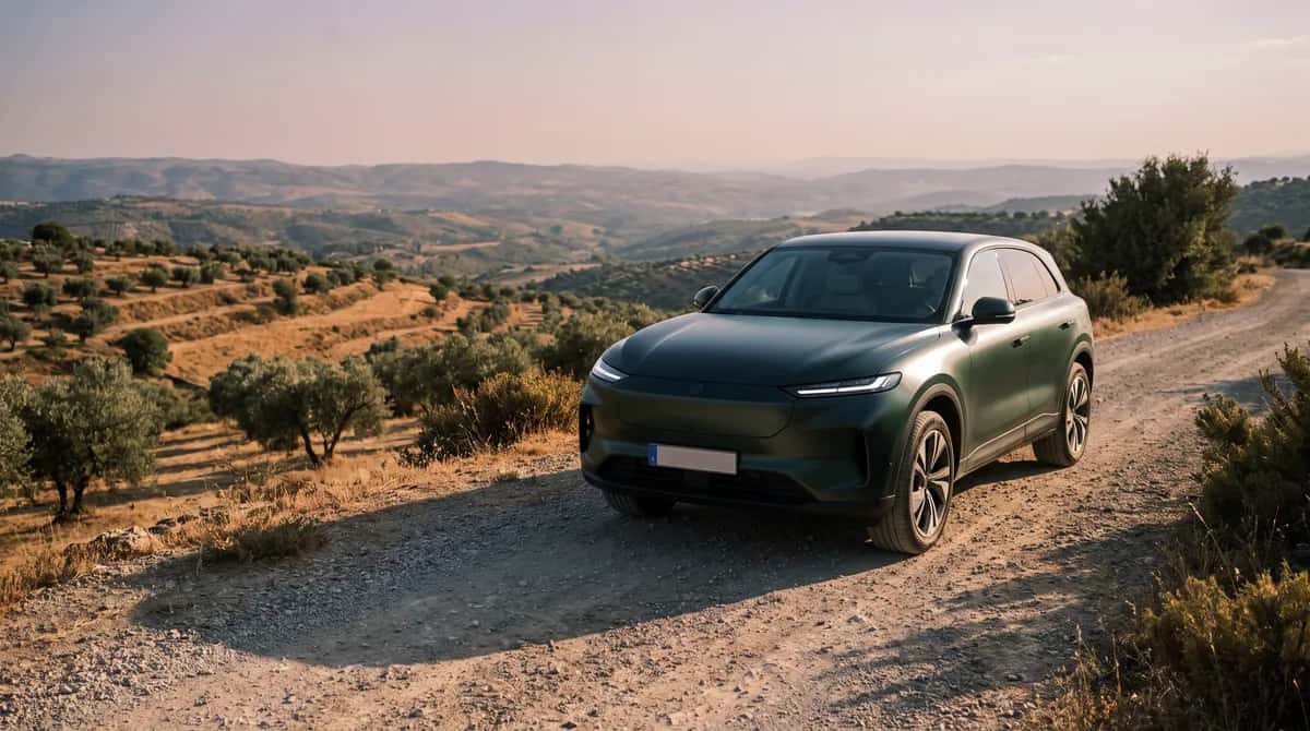 A generic dark green SUV parked on a ridge road above olive groves, seen in three-quarter view from a low angle