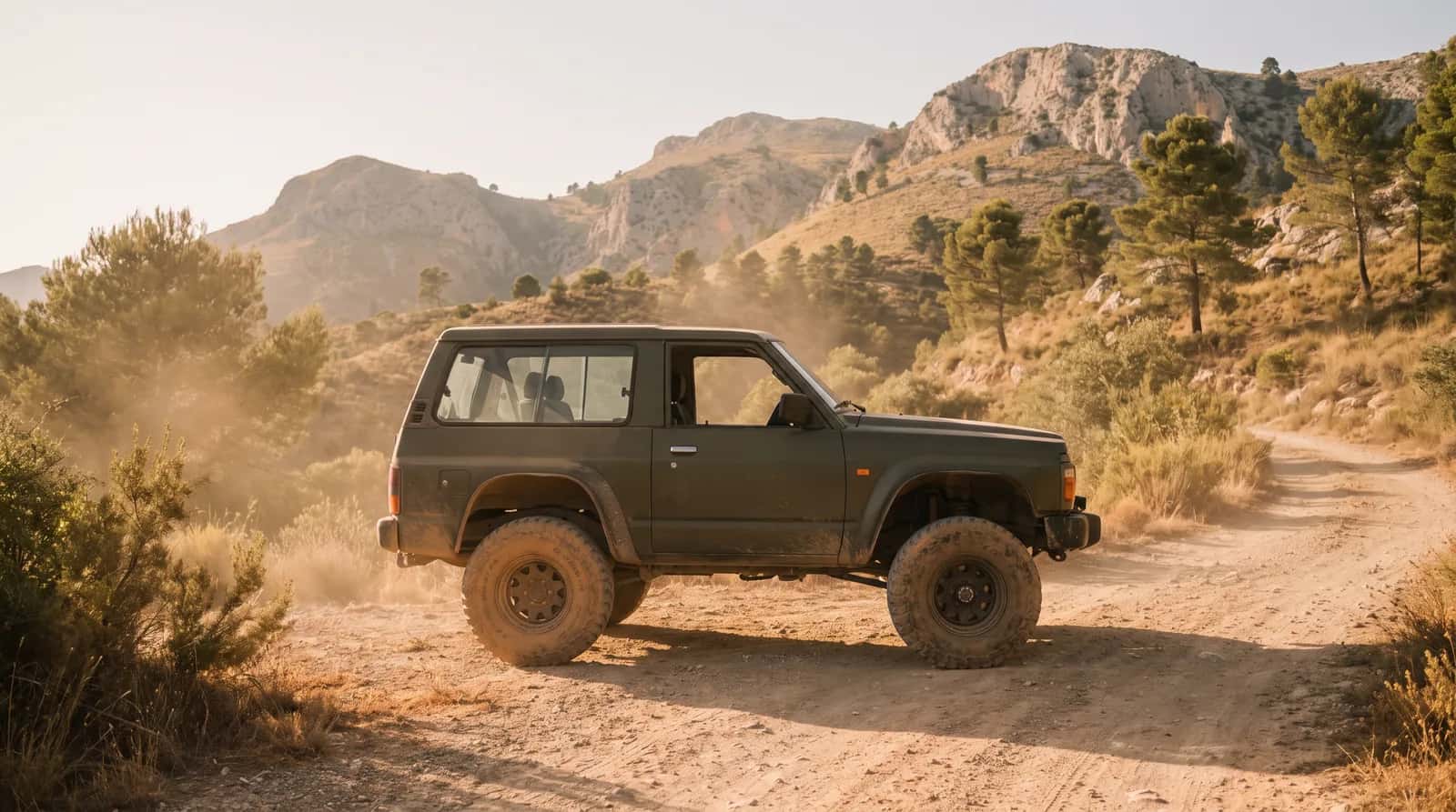 Un 4x4 genérico de perfil en una pista de tierra de montaña, con suspensión elevada y laderas de pino y roca detrás