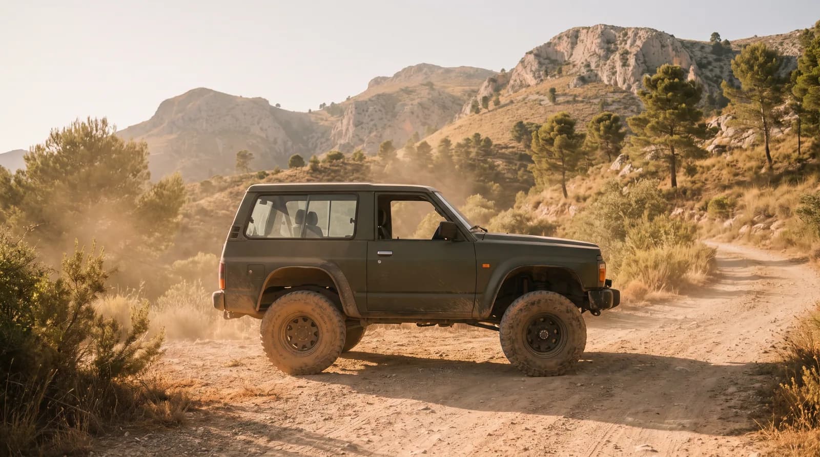 A generic 4x4 seen side-on on a dusty mountain track, with raised suspension and pine and limestone slopes behind