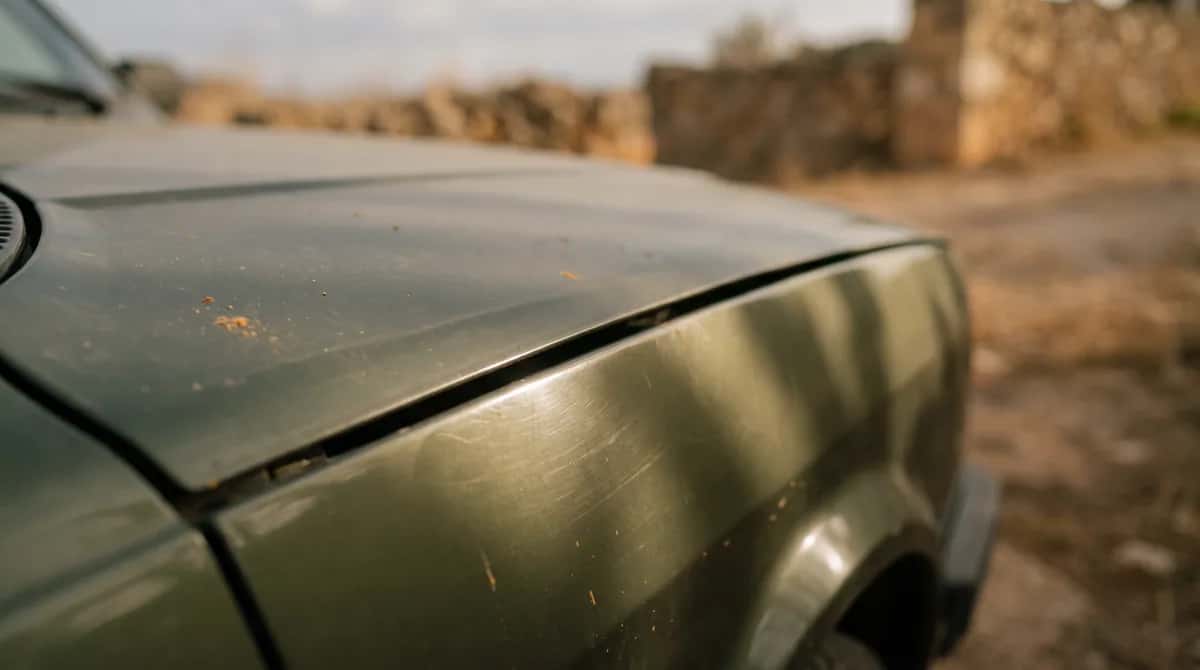 Detalle de la junta entre el capó y la aleta de un coche genérico, con luz rasante que marca la separación entre piezas
