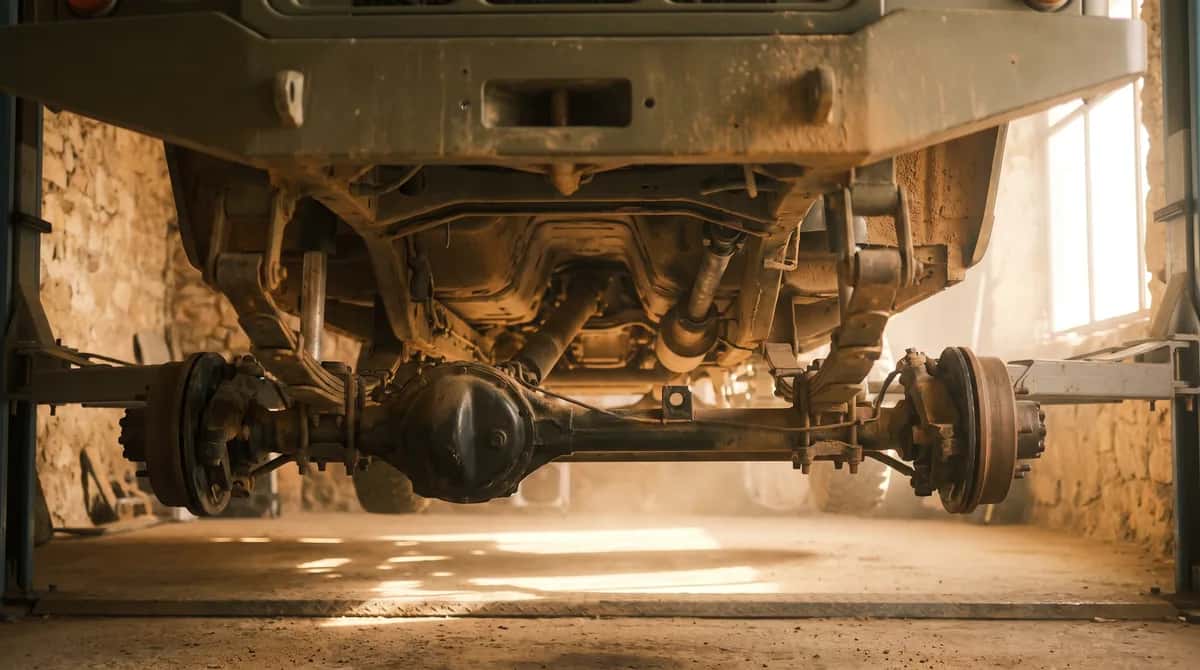 Bajos y transmisión de un 4x4 genérico vistos desde debajo en un taller, con el eje delantero en primer plano