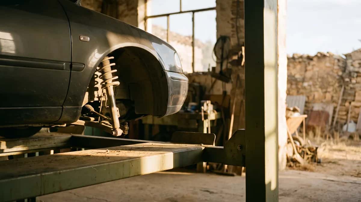 Side view of a generic car on a workshop lift with the front suspension visible under good lighting