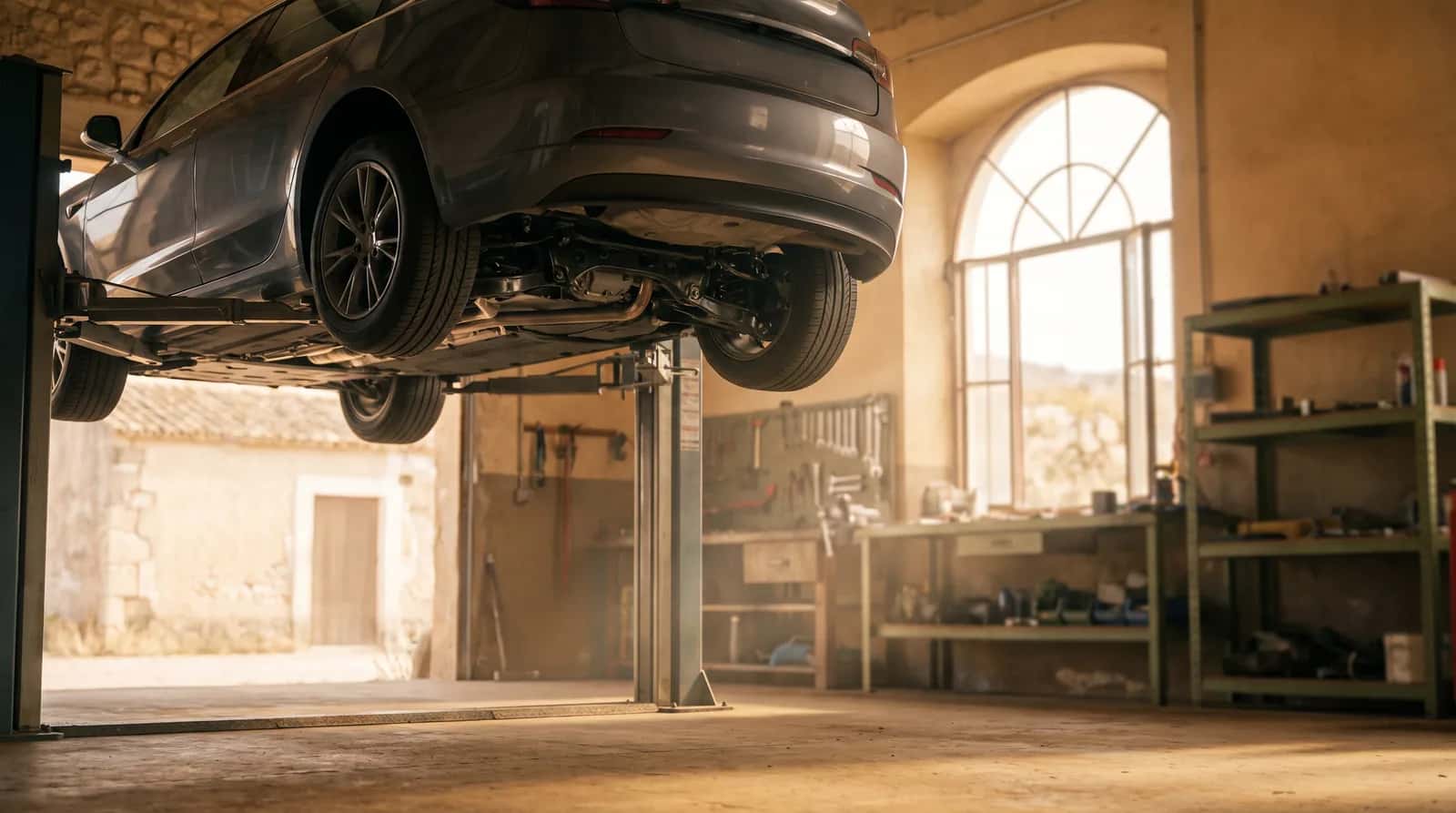 Un coche genérico elevado sobre un puente de taller en un garaje independiente limpio, con herramientas ordenadas al fondo