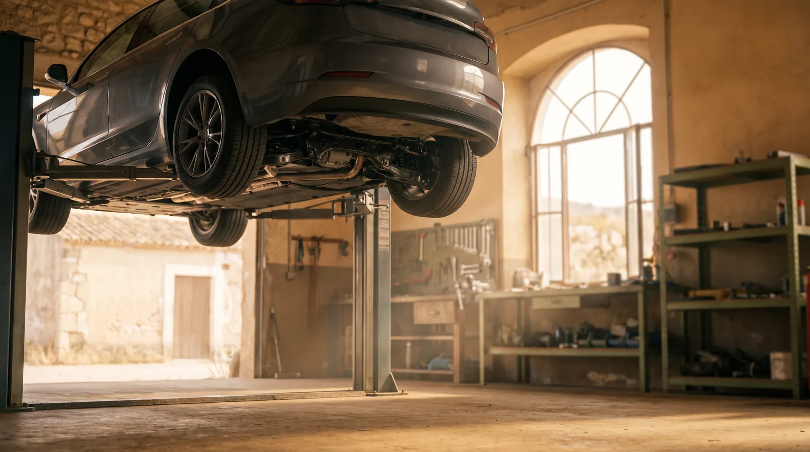 A generic car raised on a workshop lift in a clean independent garage, with tools neatly racked behind