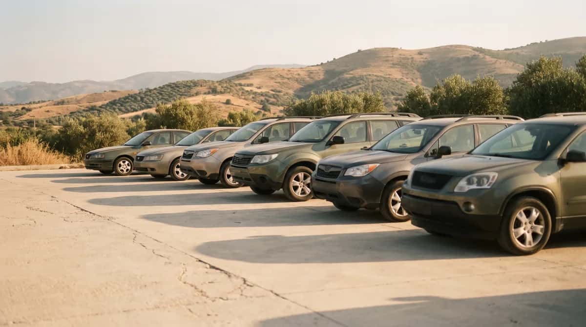 Fila de coches y todoterrenos genéricos aparcados en ángulo en un patio soleado, con colinas secas al fondo
