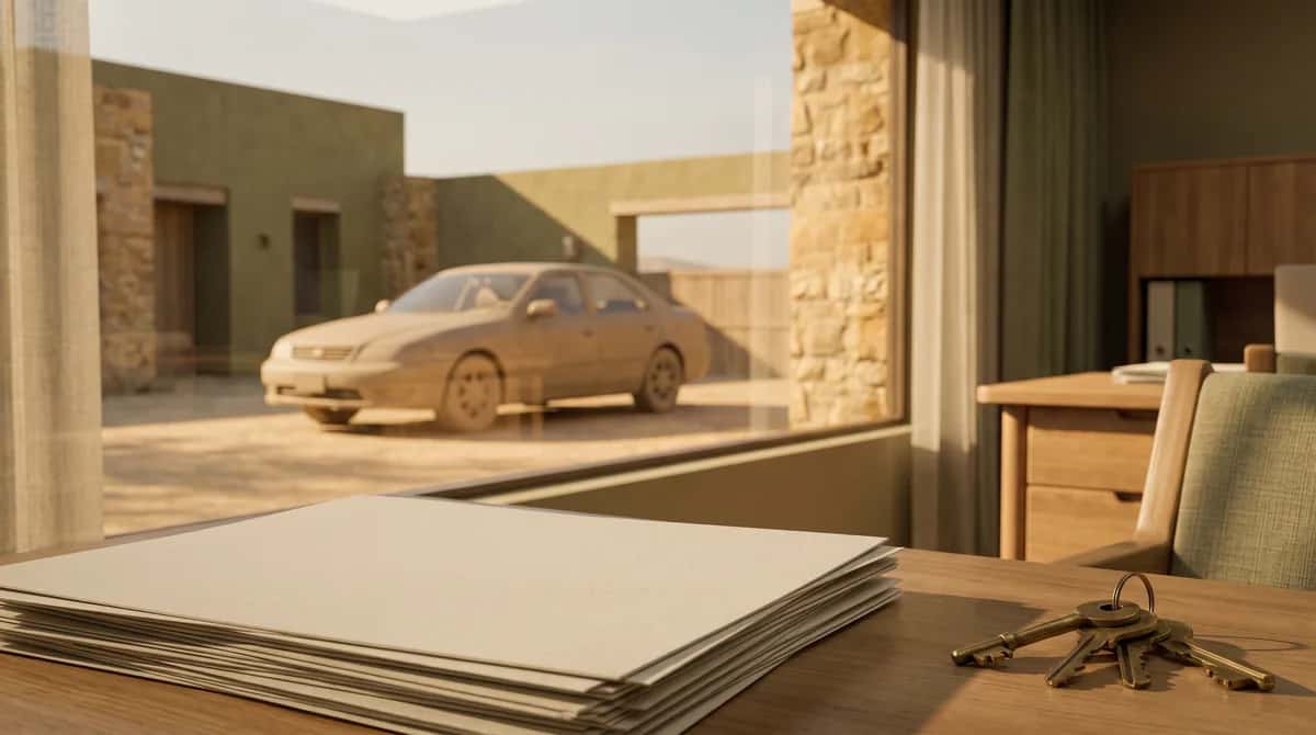 Un escritorio ordenado junto a una ventana, con documentos en blanco y unas llaves, y un coche genérico desenfocado al fondo