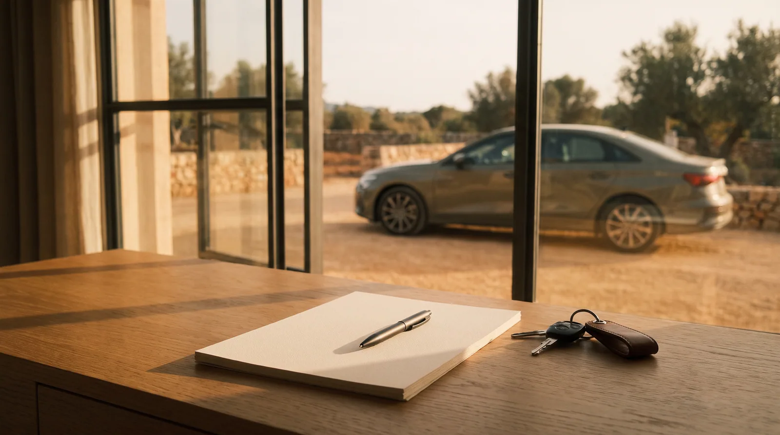 Un escritorio junto a una ventana grande con un bolígrafo sobre papel en blanco y unas llaves de coche, con luz de tarde