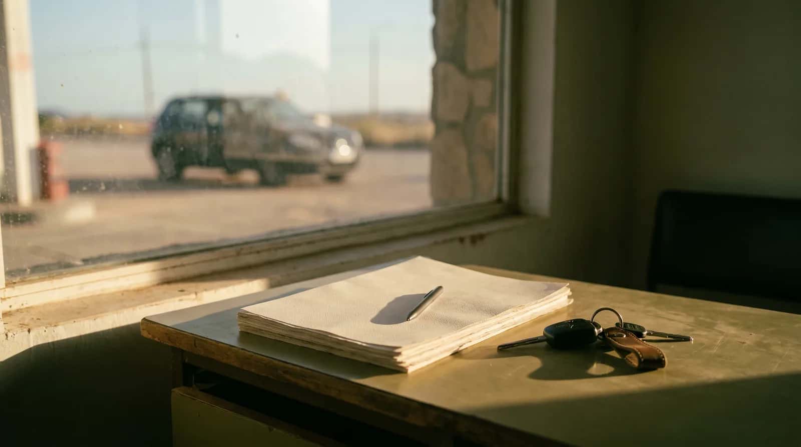 Un bolígrafo apoyado sobre documentos en blanco junto a unas llaves de coche, en una mesa de madera con luz de ventana