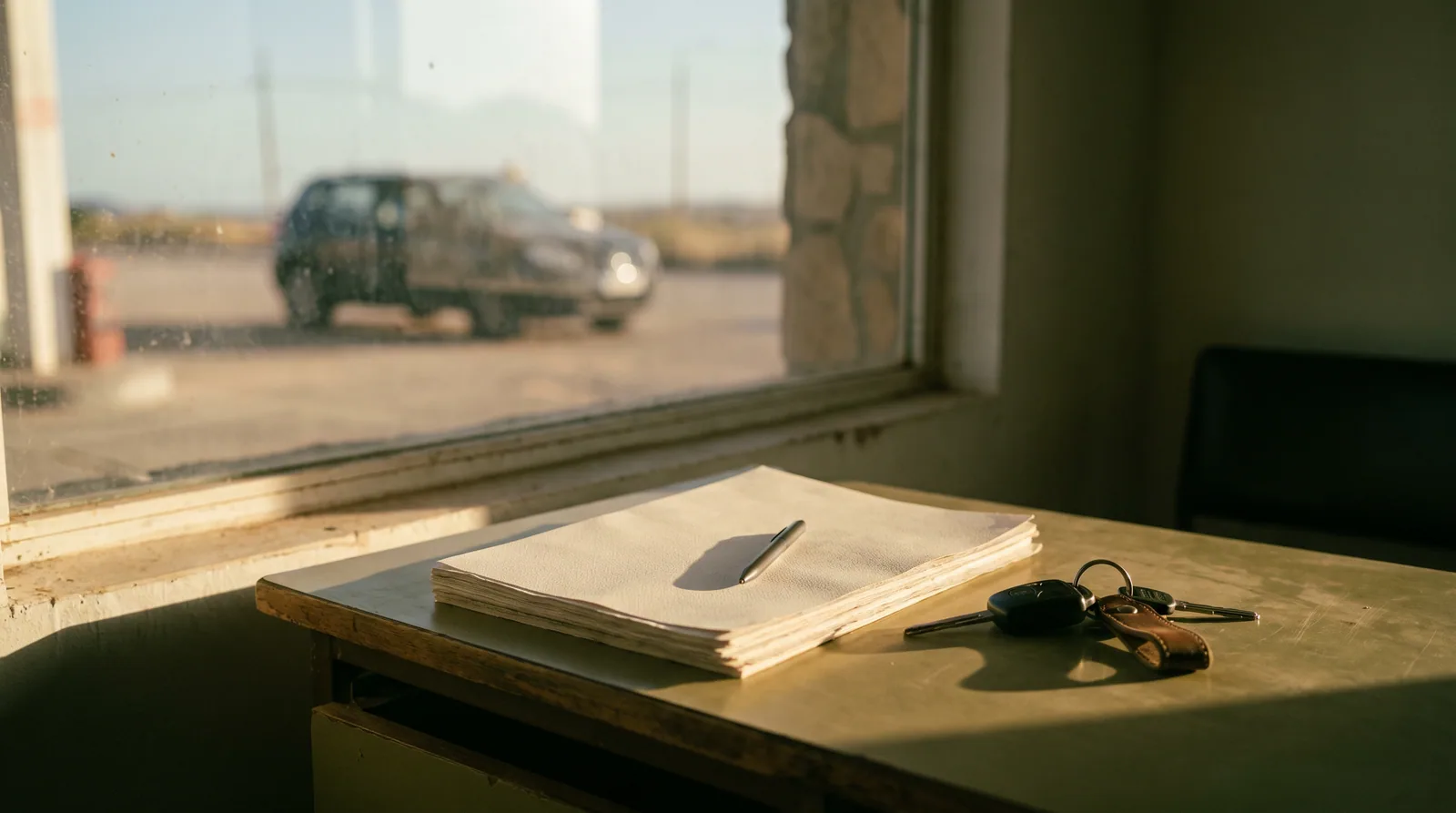 Un bolígrafo apoyado sobre documentos en blanco junto a unas llaves de coche, en una mesa de madera con luz de ventana