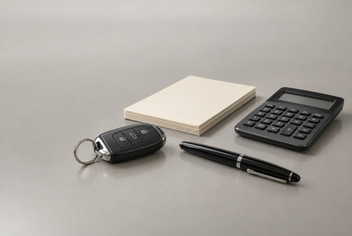 Llave de un coche, pluma, bloc de notas y calculadora sobre una mesa de estudio