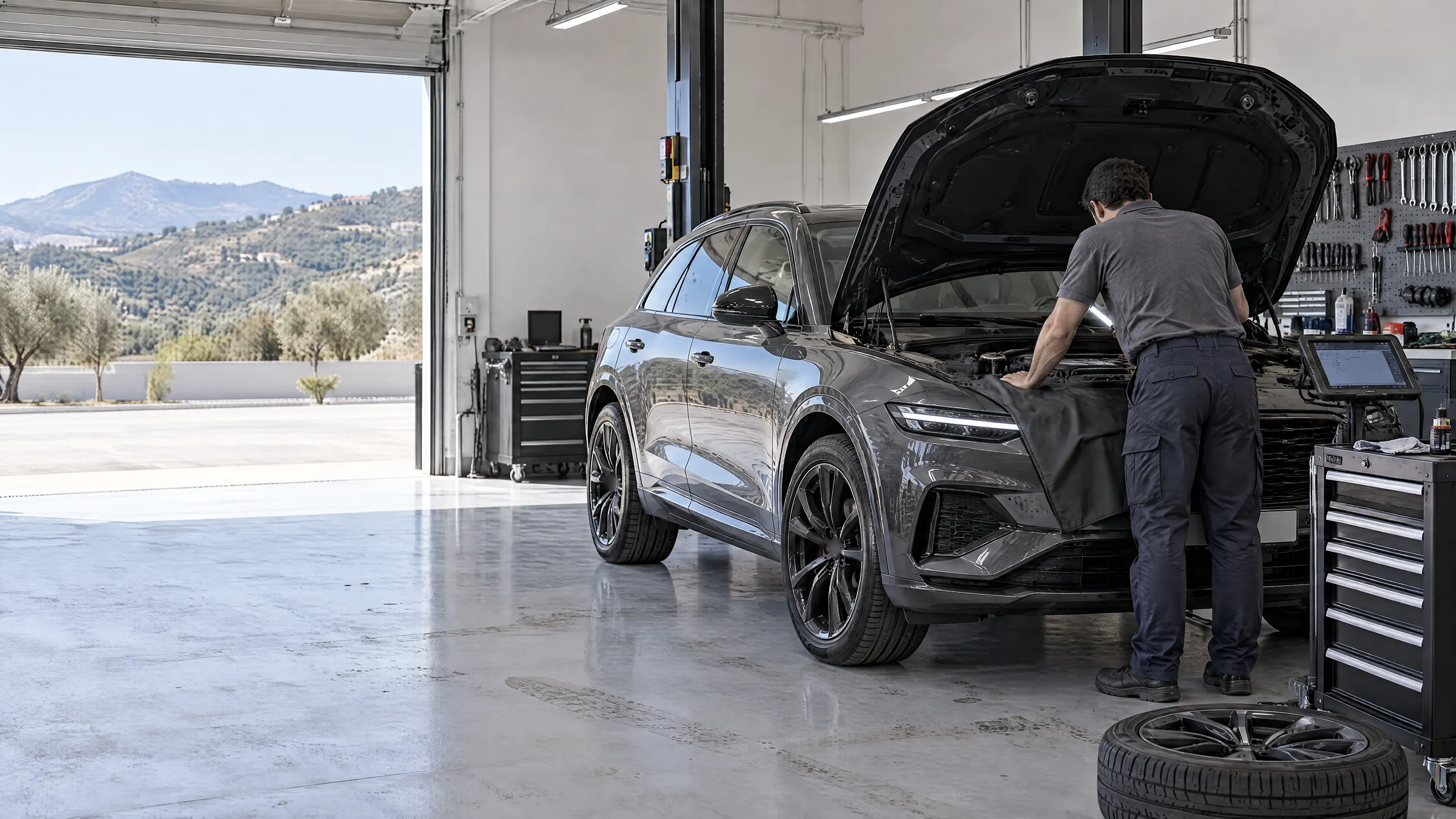 Technician, seen from behind, checking the engine of a graphite luxury SUV with the bonnet up in a bright, modern workshop.